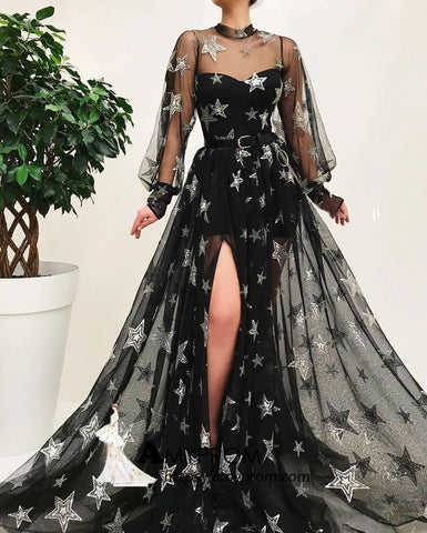 Black High Neck Long Prom Dress With ...